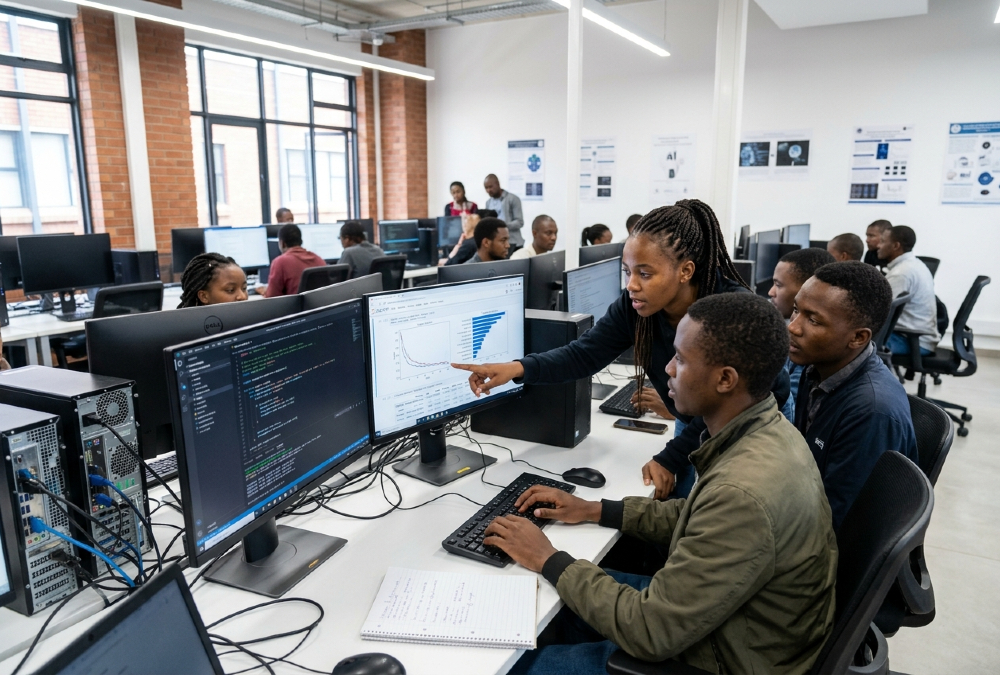 African university students learning machine learning and data science skills in a modern computer lab, building the next generation of AI researchers and engineers
