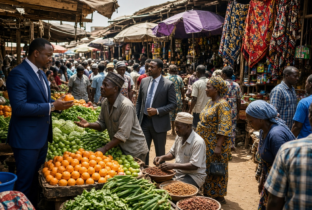 Nigerian open market showing coexistence of wealthy executives and daily wage earners shopping side by side