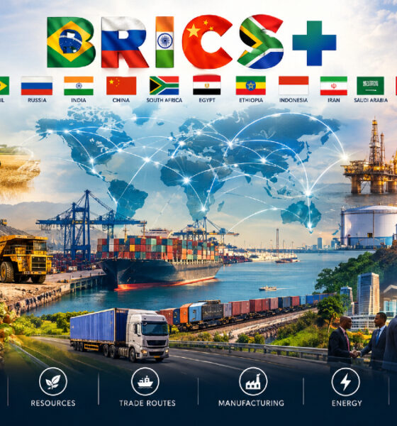 BRICS+ countries connecting global markets, resources, trade routes, manufacturing, energy, and investment networks