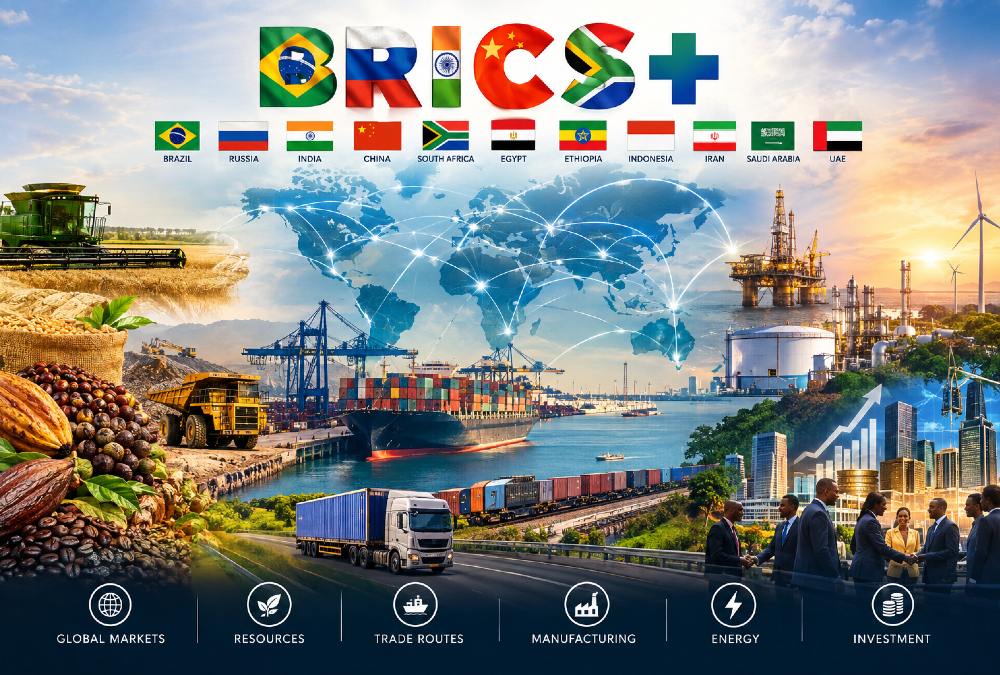 BRICS+ countries connecting global markets, resources, trade routes, manufacturing, energy, and investment networks
