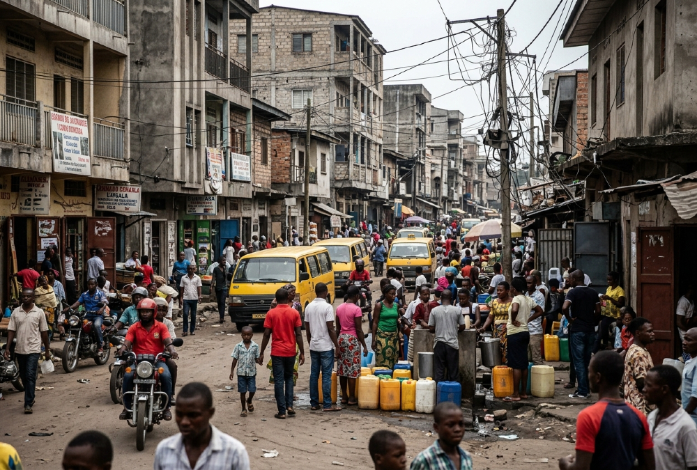 Overcrowded neighborhood in Kinshasa, DRC, where outdated population data makes it impossible to plan clinics, roads, and water systems for residents.
