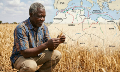 African farmer inspecting wheat crop with map of North Africa food import routes overlay