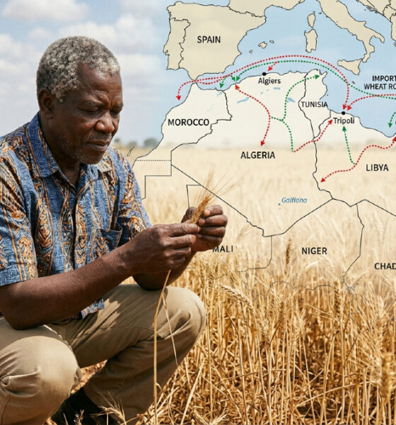 African farmer inspecting wheat crop with map of North Africa food import routes overlay