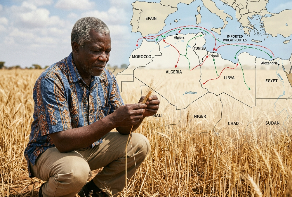 African farmer inspecting wheat crop with map of North Africa food import routes overlay