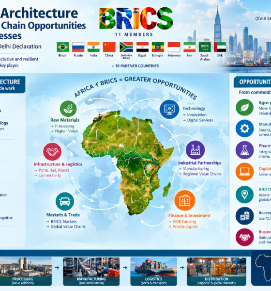 Infographic showing BRICS trade architecture and global value chain opportunities for African businesses after the 2026 New Delhi Declaration.