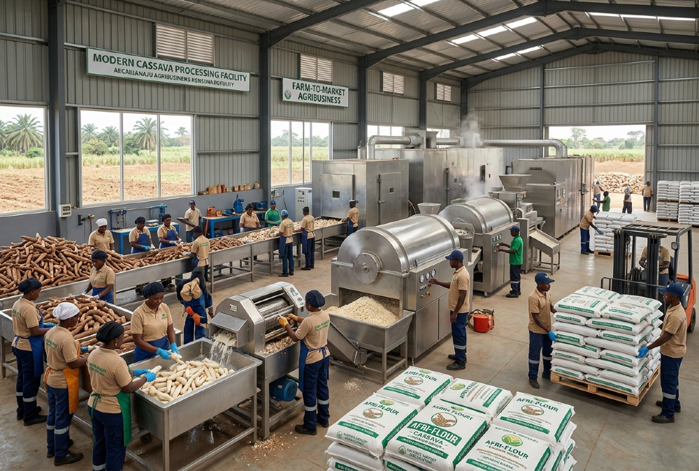 Cassava processing operation illustrating African agribusiness fundamentals and scalable agricultural growth.