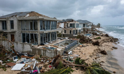 Storm-damaged Caribbean coastal homes reflecting the region's climate debt burden after the 1.5°C breach