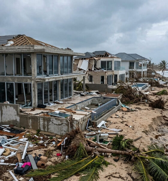 Storm-damaged Caribbean coastal homes reflecting the region's climate debt burden after the 1.5°C breach