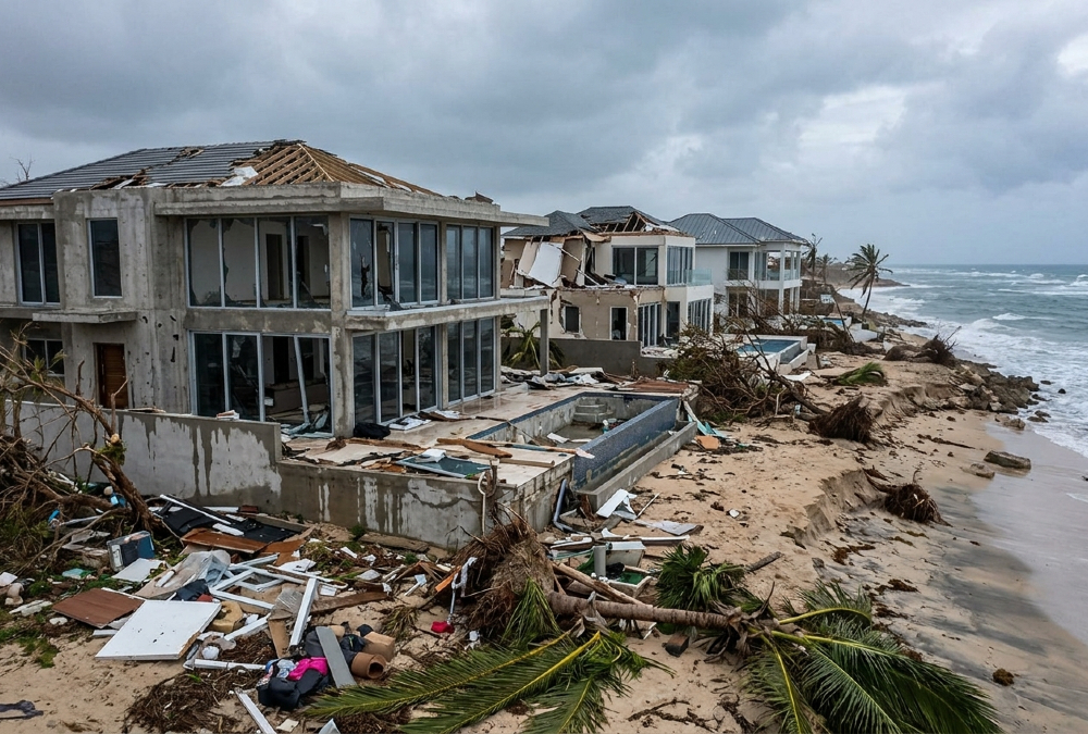 Storm-damaged Caribbean coastal homes reflecting the region's climate debt burden after the 1.5°C breach