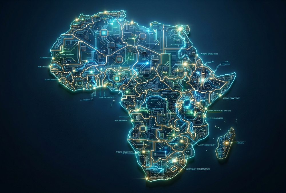 Map of Africa formed from glowing digital circuitry, symbolizing digital sovereignty in Africa