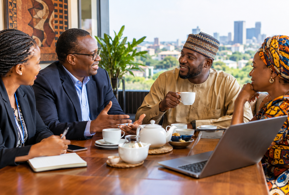 Business professionals building trust over tea during an Africa market entry strategy meeting.