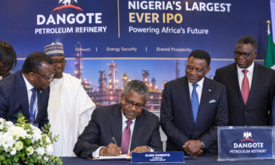 Aliko Dangote at the Dangote Petroleum Refinery IPO signing ceremony in Lagos, Nigeria, marking Africa's largest-ever share offering