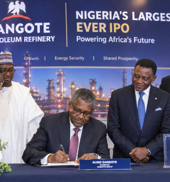 Aliko Dangote at the Dangote Petroleum Refinery IPO signing ceremony in Lagos, Nigeria, marking Africa's largest-ever share offering