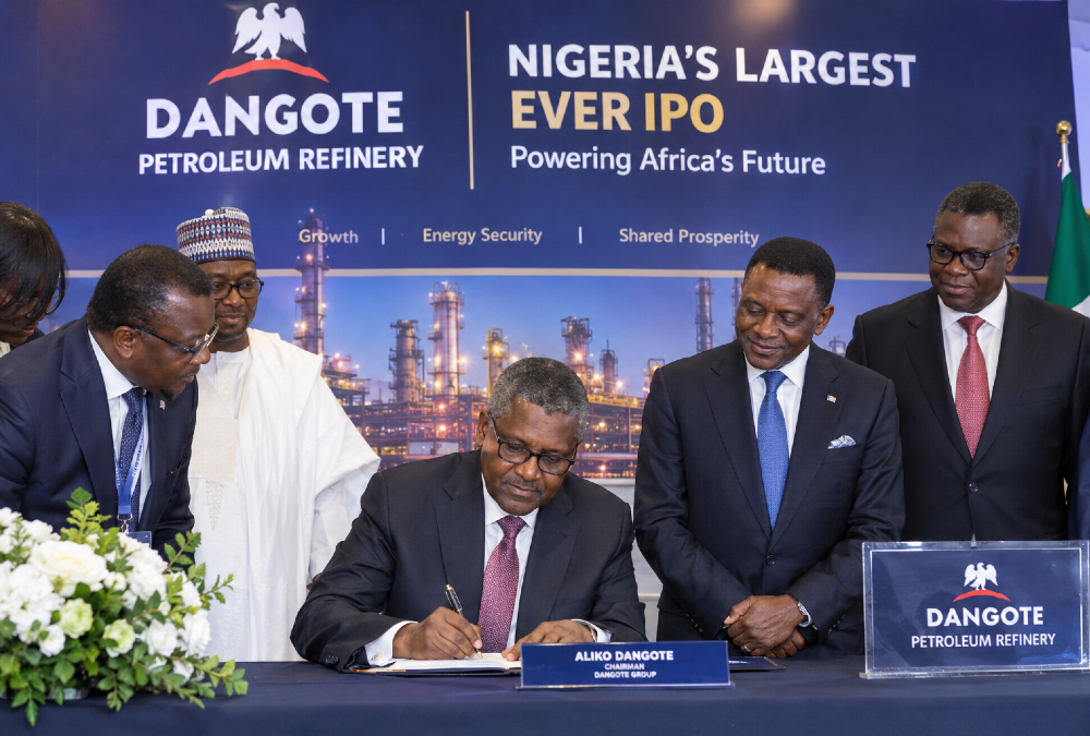 Aliko Dangote at the Dangote Petroleum Refinery IPO signing ceremony in Lagos, Nigeria, marking Africa's largest-ever share offering