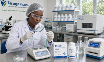 Lab technician performing quality control on Drepaf hydroxyurea capsules for sickle cell treatment at Teranga Pharma laboratory in Senegal