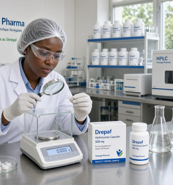 Lab technician performing quality control on Drepaf hydroxyurea capsules for sickle cell treatment at Teranga Pharma laboratory in Senegal
