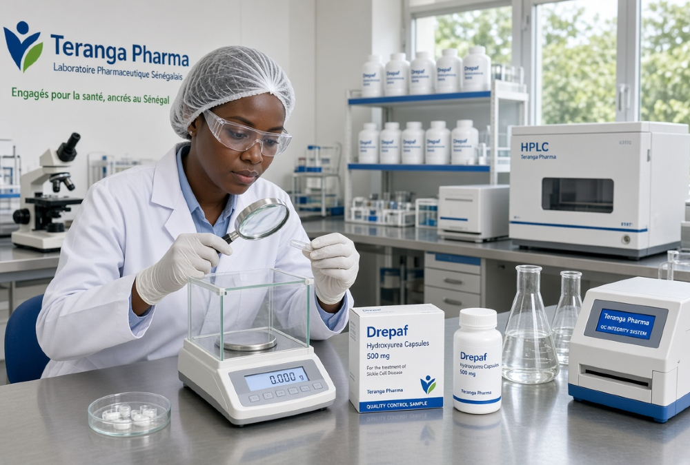 Lab technician performing quality control on Drepaf hydroxyurea capsules for sickle cell treatment at Teranga Pharma laboratory in Senegal