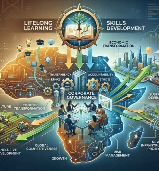 Conceptual graphic representing lifelong learning and the corporate governance required for African economic transformation.