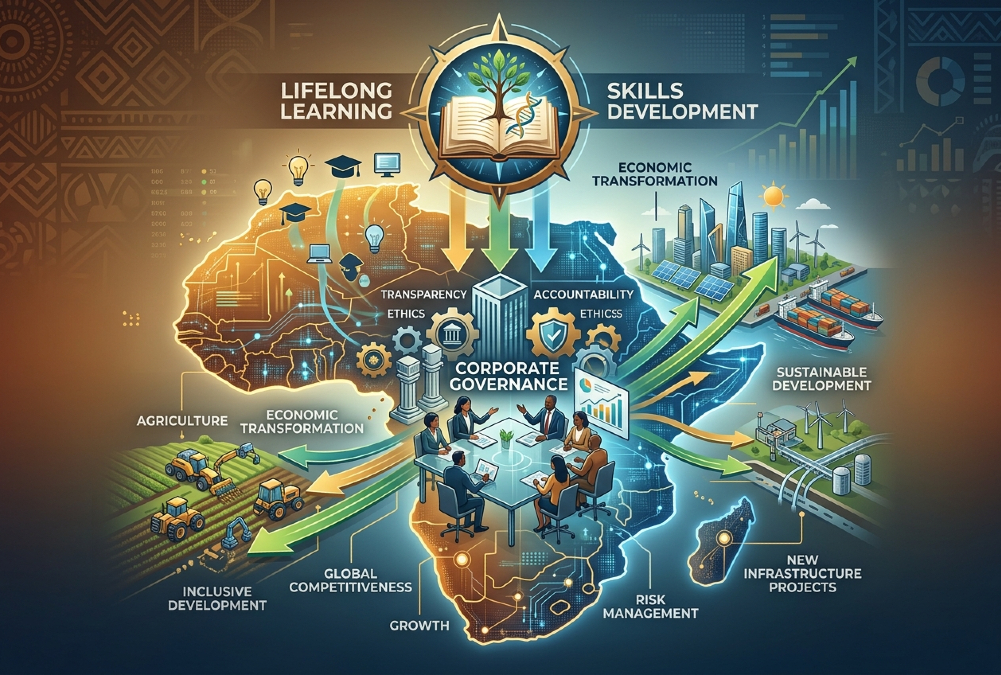Conceptual graphic representing lifelong learning and the corporate governance required for African economic transformation.