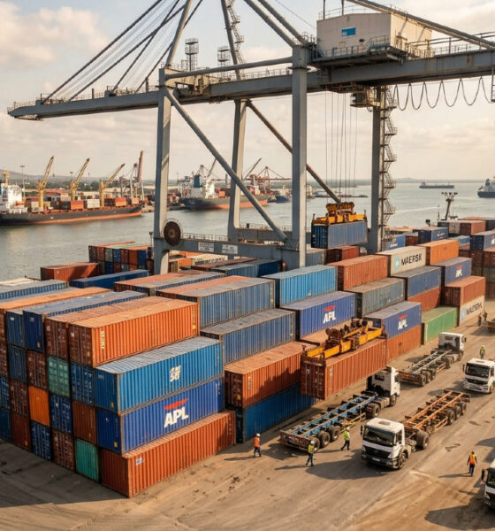 Cargo containers stacked at an African seaport, the point where predictable shipping costs end for landlocked exporters.