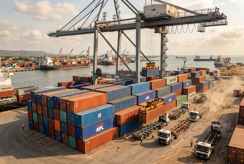 Cargo containers stacked at an African seaport, the point where predictable shipping costs end for landlocked exporters.