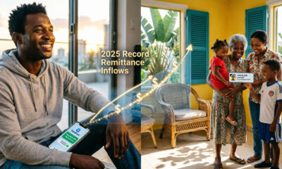 Migrant remittance transfer to family in the Caribbean, illustrating record 2025 remittance inflows to Jamaica and Latin America.
