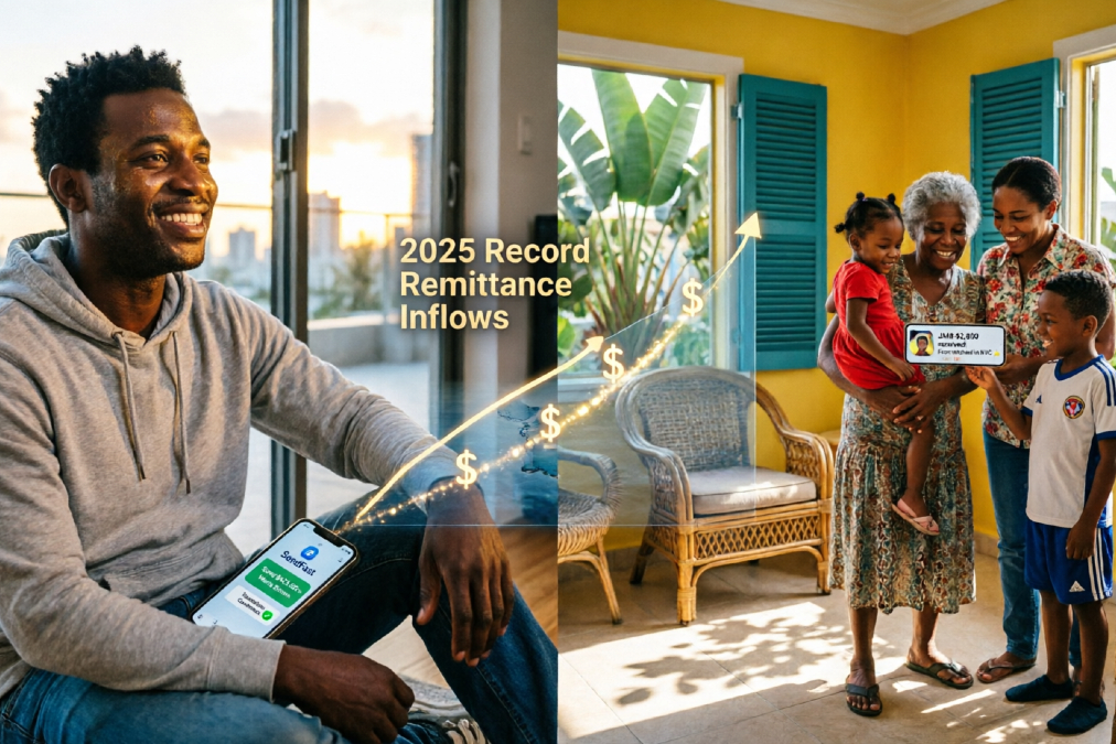 Migrant remittance transfer to family in the Caribbean, illustrating record 2025 remittance inflows to Jamaica and Latin America.