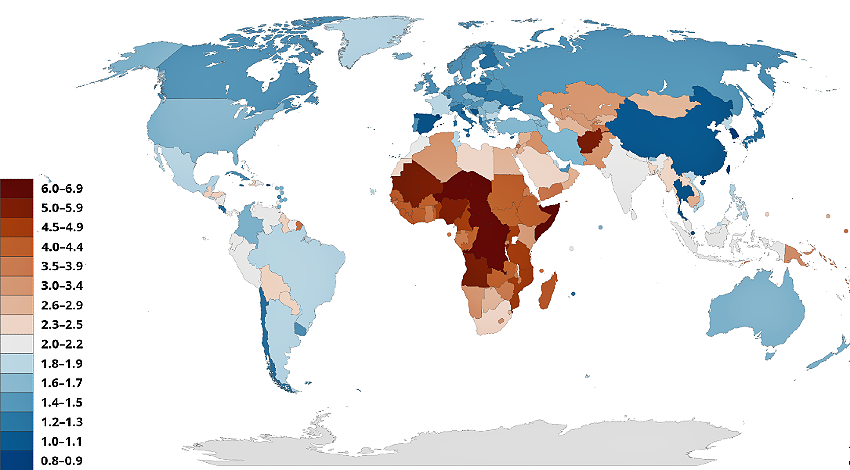 World map of births per woman highlighting Africa in dark red (above replacement rate, growing household formation) while Europe, Asia, and the Americas appear in blue (below replacement, shrinking domestic customer base).