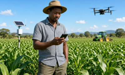 Tech-savvy African farmer using a smartphone in a lush field, representing the booming African rural economy and agritech growth.