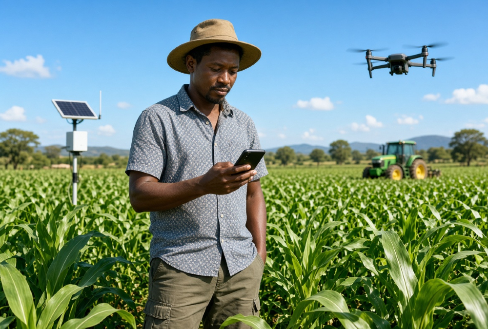 Tech-savvy African farmer using a smartphone in a lush field, representing the booming African rural economy and agritech growth.