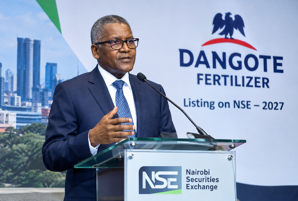 Aliko Dangote speaks at the Nairobi Securities Exchange about the Dangote Fertilizer listing planned for 2027.