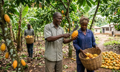 African cocoa farmers harvesting cocoa for domestic processing and consumption in Nigeria