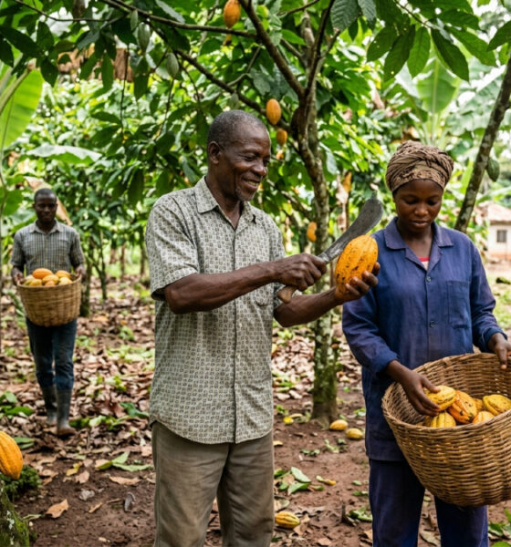 African cocoa farmers harvesting cocoa for domestic processing and consumption in Nigeria
