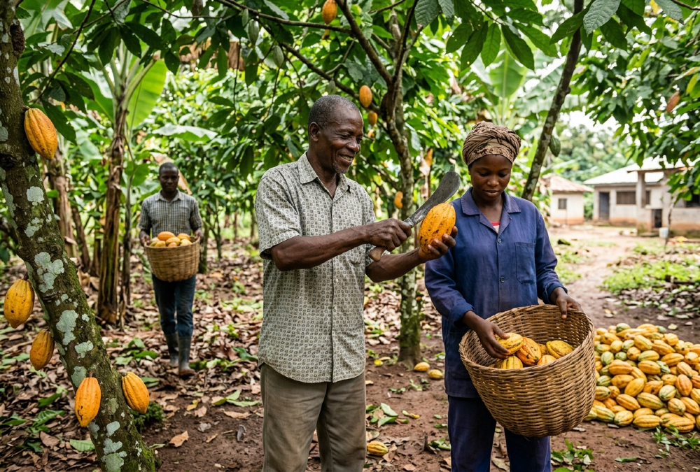 African cocoa farmers harvesting cocoa for domestic processing and consumption in Nigeria
