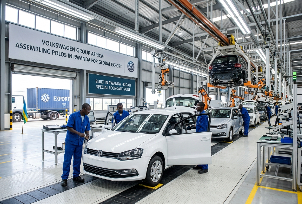 Volkswagen assembly plant in Rwanda producing Polo hatchbacks for global export under Volkswagen Group Africa's expansion strategy