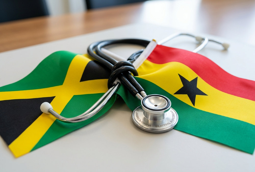 Jamaican and Ghanaian flags, bound with a stethoscope symbolizing the bilateral nurse recruitment agreement between Jamaica and Ghana.