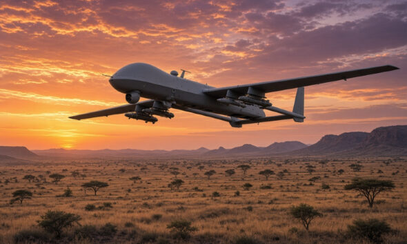 Military drone used in African conflicts, illustrating the rise of unmanned aerial warfare and FPV technology in Sudan and the Sahel.
