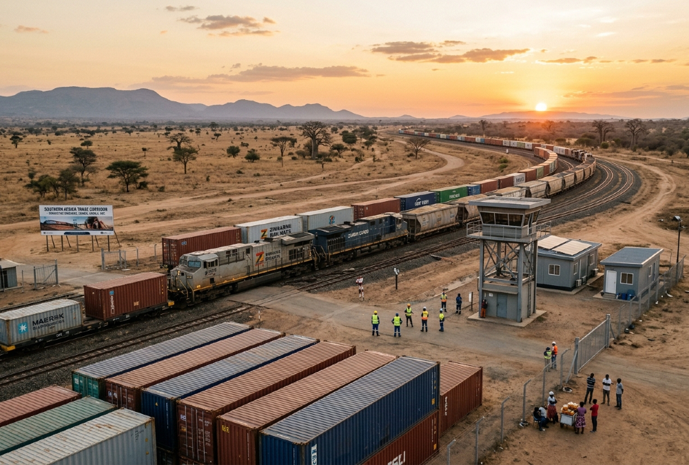 Southern Africa rail renaissance with freight trains and strategic trade corridors connecting Zimbabwe, Zambia, Angola, and the DRC.