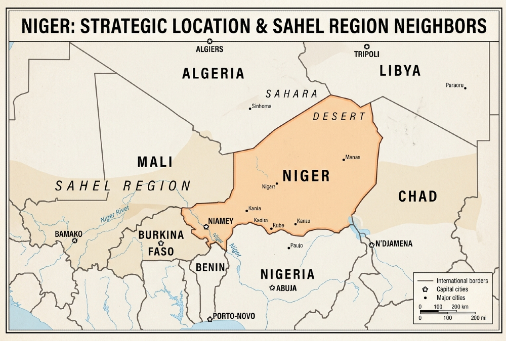 Map showing Niger's strategic location bordering seven countries in the Sahel region of West Africa