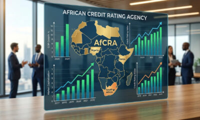 African map overlaid with financial growth charts, symbolizing the African credit rating agency AfCRA and Africa's capital markets