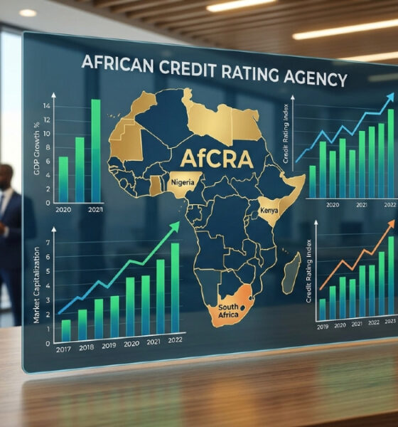 African map overlaid with financial growth charts, symbolizing the African credit rating agency AfCRA and Africa's capital markets