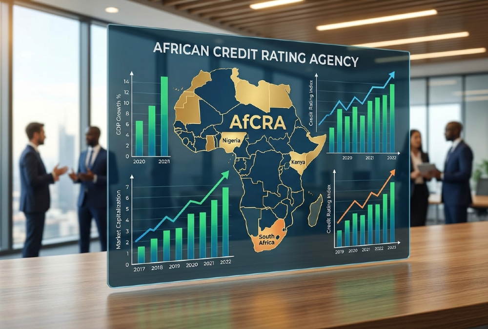 African map overlaid with financial growth charts, symbolizing the African credit rating agency AfCRA and Africa's capital markets