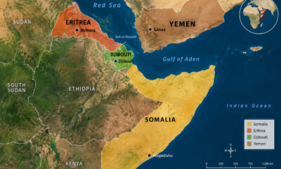 Map of the Horn of Africa and Gulf of Aden showing Somalia, Eritrea, Yemen and Djibouti