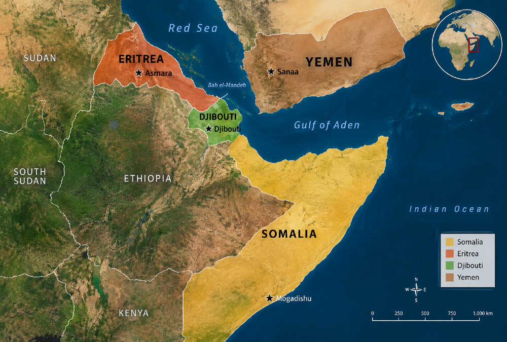 Map of the Horn of Africa and Gulf of Aden showing Somalia, Eritrea, Yemen and Djibouti