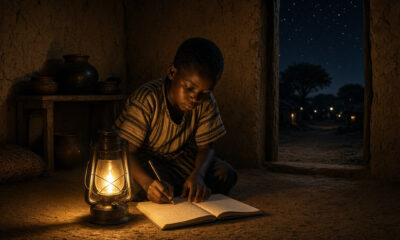 Child studying by lamplight in a rural African village without electricity
