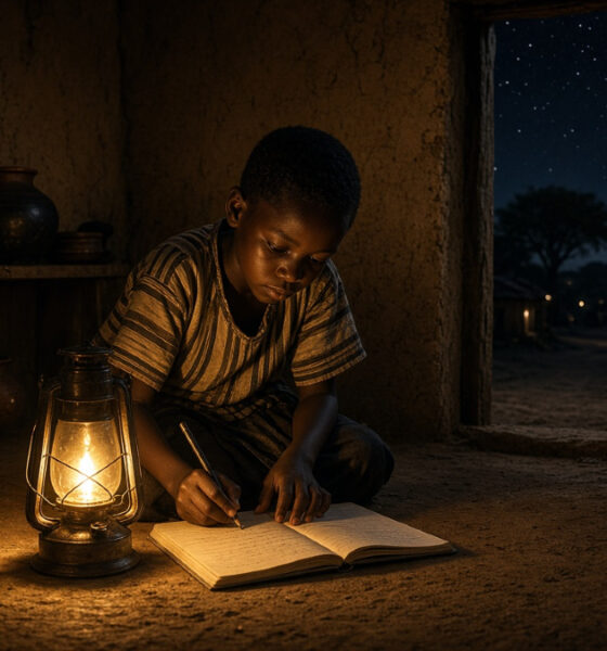 Child studying by lamplight in a rural African village without electricity