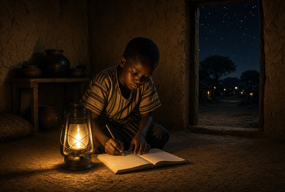 Child studying by lamplight in a rural African village without electricity