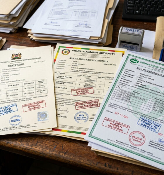 Close-up of conformity assessment certificates and quality compliance stamps for African manufactured exports.