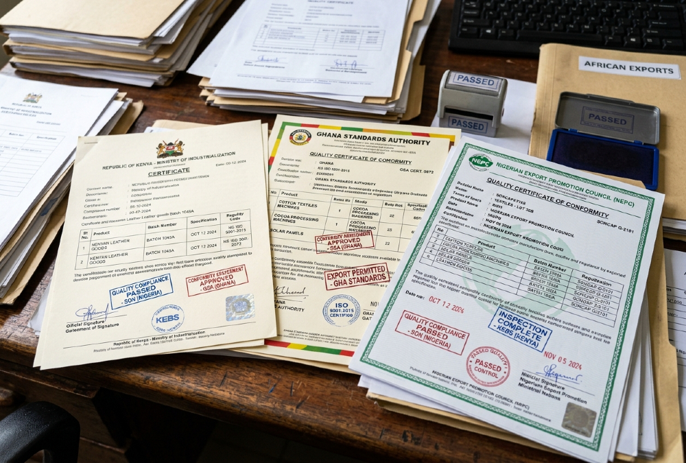 Close-up of conformity assessment certificates and quality compliance stamps for African manufactured exports.