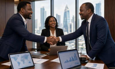 African business leaders shaking hands across a boardroom table, symbolizing trust as a business asset in cross-border investment
